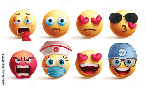 Emoji emoticon characters vector set. Emojis 3d emoticons like tired, crying, broken hearted, flying kiss, mad, nurse, inlove and doctor facial expressions graphic elements. Vector illustration emojis