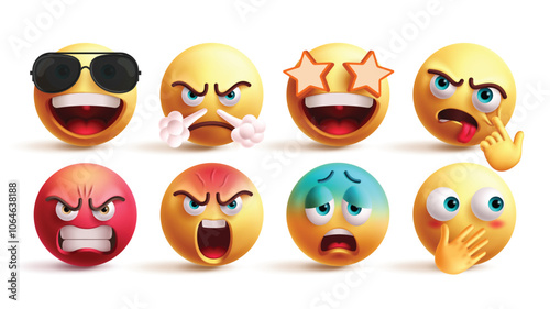 Emoji emoticon characters vector set. Emojis emoticons in cool, angry, star eye, naughty, bad mood, shout, cold and shy graphic elements in white background. Vector illustration yellow emoticons 