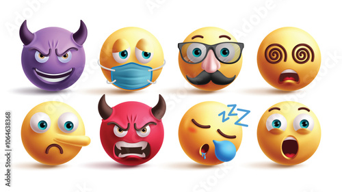Emoji emoticon characters vector set. Emojis devil, sick, old man, dizzy, pinocchio, daemon, unwell and shock 3d facial expression graphic elements in white background. Vector illustration emoticons 