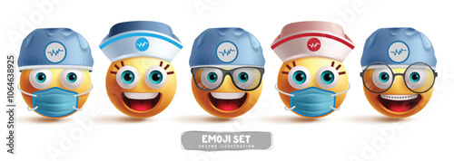 Emoji surgeon characters vector set. Emojis medical doctors and nurse emoticons wearing surgical hat and face mask elements for graphic elements. Vector illustration emojis surgeon costume set 