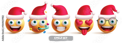 Emoji santa claus christmas characters vector set. Emojis santa claus emoticons wearing red hat costume with happy, smiling, inlove and nerd facial expressions. Vector illustration emojis santa claus 