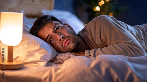 Tired man lying awake, eyes wide open in concern and exhaustion, unable to sleep in a softly glowing room.