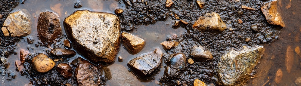 A Close-up of Rocks and Water in a Muddy Creek Bed A Close-up of Rocks and Water in a Muddy Creek Bed