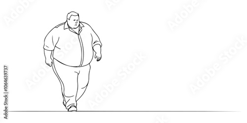 Fat Man Walking Line Art Drawing. Male Body Positive Concept Minimalist Black Sketch Isolated on White Background. Line Art Abstract Drawing of Big Man for Modern Design. Vector EPS 10