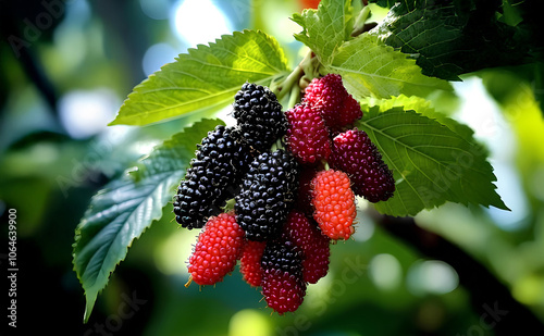  A mulberry tree laden with ripe and unripe berries.
 photo