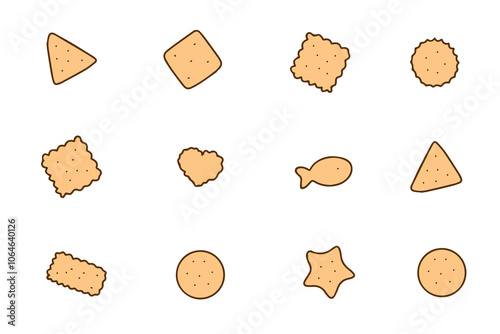 Collection of cookies and crackers of different shapes isolated on white. Popular street snack, hand drawn, Vector 