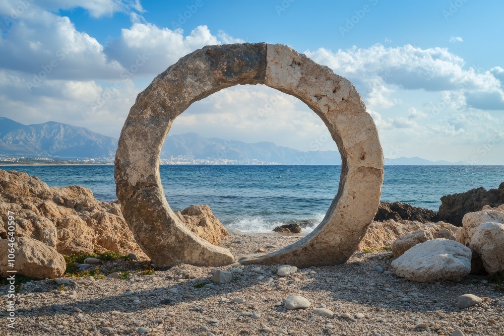 Fototapeta premium Tranquil Seascape: Arching Stone Balance at Beach with Ocean View