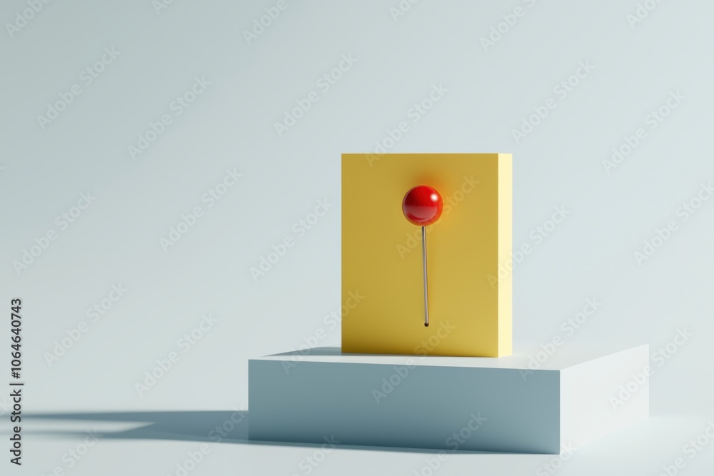 single yellow sticky note with red push pin, crisp paper texture, minimalistic style, isolated on white background