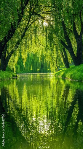 Serene Riverbank with Willow Trees Reflection