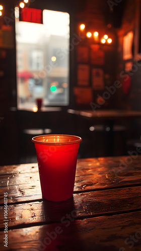 Cozy Nightlife Scene with Red Cup and Colorful Drinks on Textured Wood Table