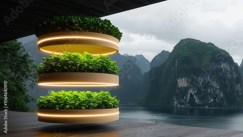 Vertical farming towers, advanced climate control, glowing LED grow lights, ecofuturistic design, 3D illustration photo