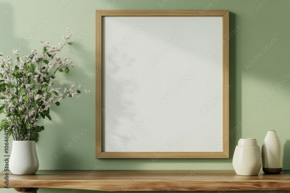 A minimalistic decor setup featuring a blank frame and vases on a wooden table against a green wall A minimalistic decor setup featuring a blank frame and vases on a wooden table against a green wall
