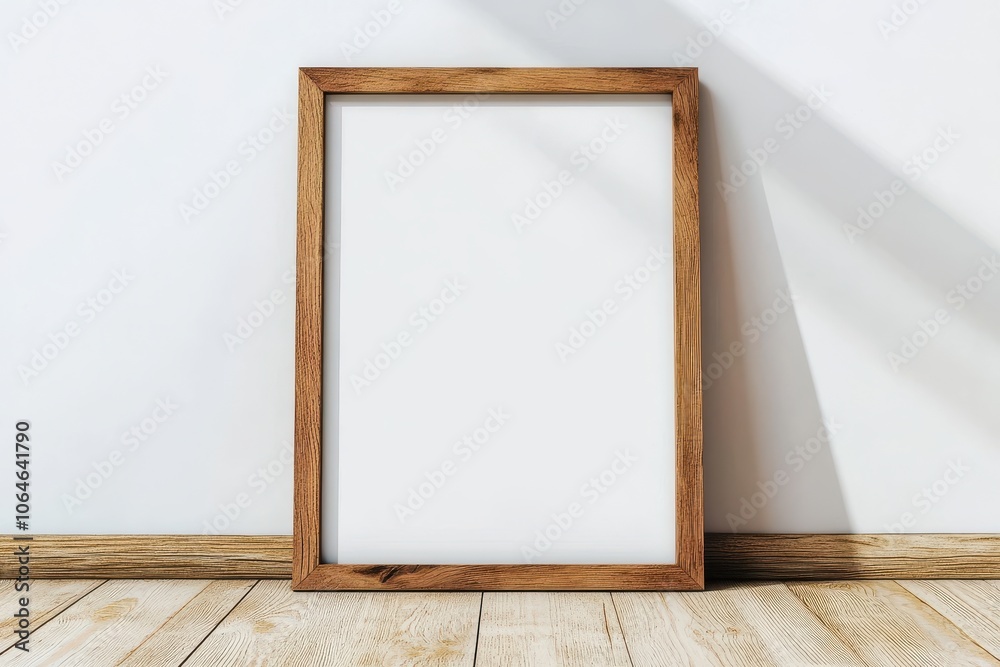 Empty wooden frame leaning against a wall in a bright room with wooden floor Empty wooden frame leaning against a wall in a bright room with wooden floor