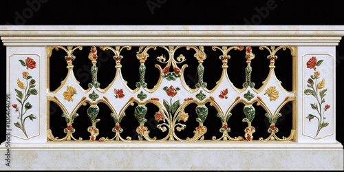 Decorative railing featuring intricate floral designs and vibrant colors.