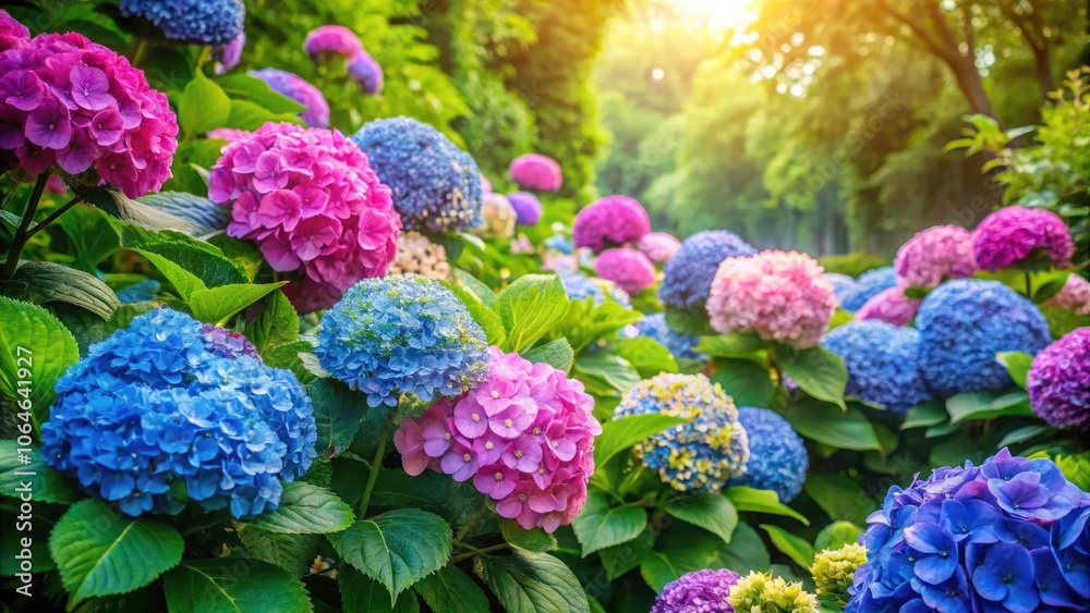Vibrant Garden Scene with Blooming Blue and Pink Hydrangeas Surrounded by Lush Greenery for Product Photography Vibrant Garden Scene with Blooming Blue and Pink Hydrangeas Surrounded by Lush Greenery for Product Photography
