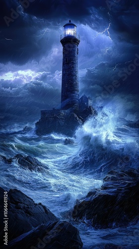 Majestic Lighthouse on Rocky Coast During Stormy Night