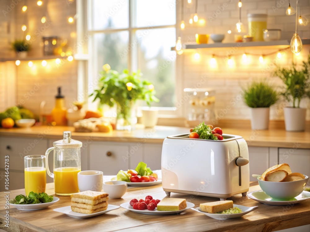 A Beautiful Light Kitchen Table with a Toaster, Dishes, and Sandwiches Showcasing Bokeh Effect for a Cozy Home Atmosphere A Beautiful Light Kitchen Table with a Toaster, Dishes, and Sandwiches Showcasing Bokeh Effect for a Cozy Home Atmosphere