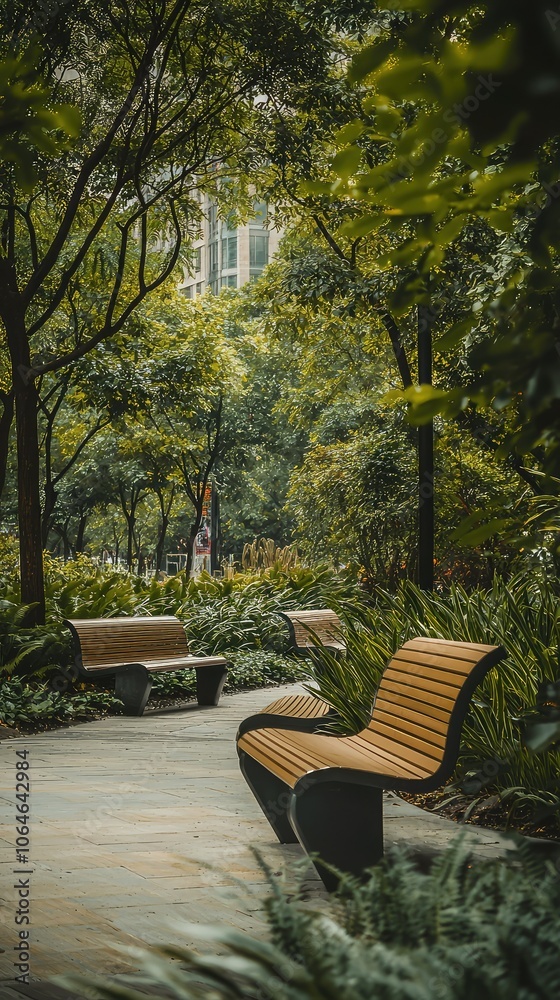Stylish Urban Park with Modern Benches and Greenery Stylish Urban Park with Modern Benches and Greenery