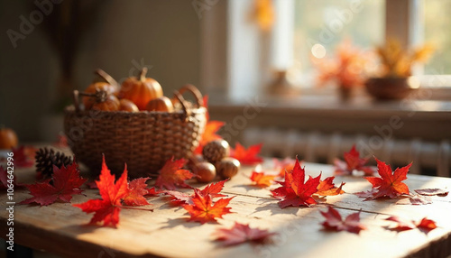 Indoor autumn scene with a rustic wooden table scattered with rich red maple leaves, sunlight streaming in through a nearby window, decirative for Thanksgiving photo