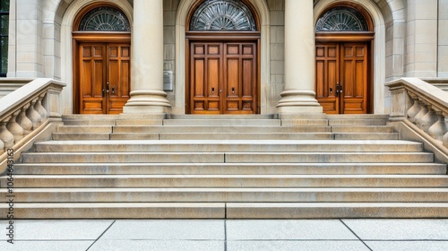 Elegant entrance with double wooden doors and stone steps leading to a building.