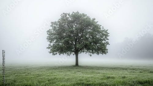 A lone tree in a foggy field, surrounded by mist, symbolizing resilience in isolation and solitude.