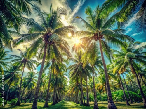 Vintage Style Photography of a Lush Palm Tree Canopy Under Bright Sunlight