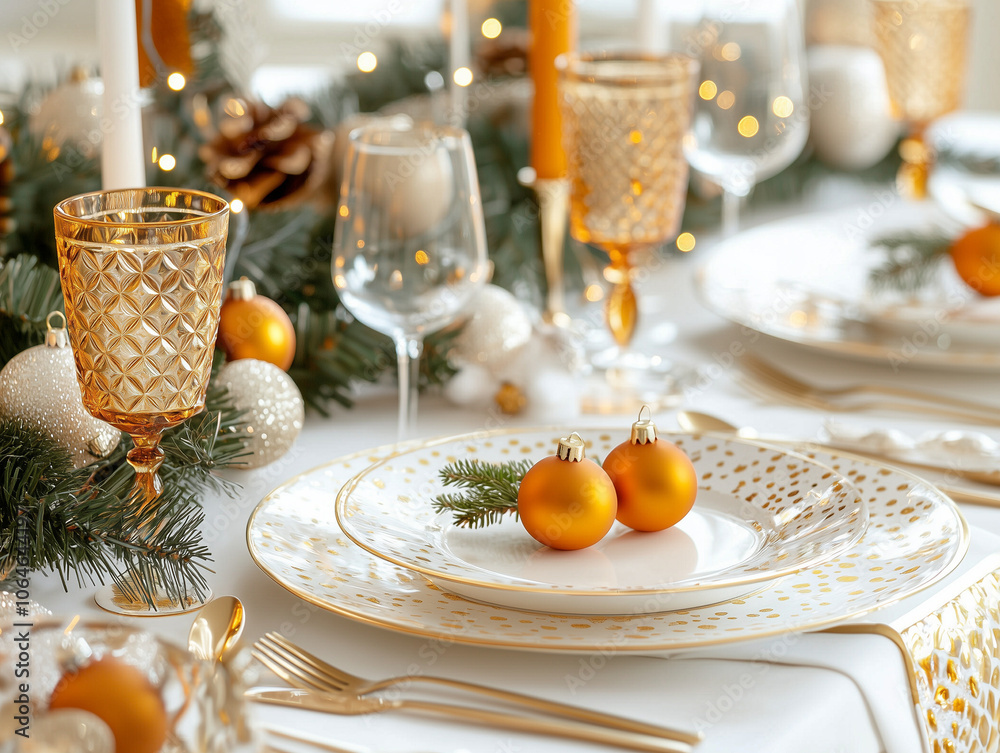 Elegant Christmas table setting with gold goblets and festive decorations. Elegant Christmas table setting with gold goblets and festive decorations.