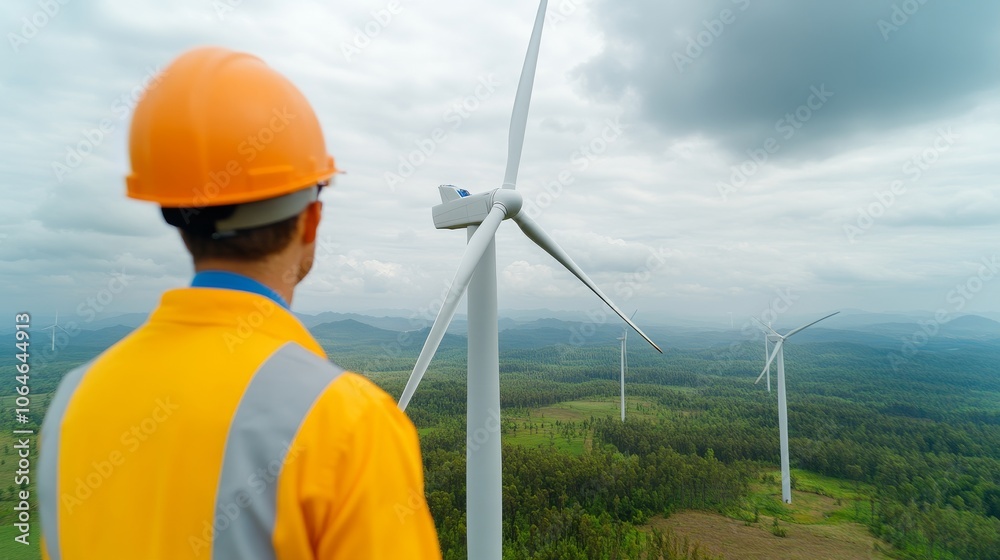 A safety-vested and helmeted engineer surveys an expanse of large wind turbines stretching across a vast green landscape, showcasing renewable energy innovation. A safety-vested and helmeted engineer surveys an expanse of large wind turbines stretching across a vast green landscape, showcasing renewable energy innovation.