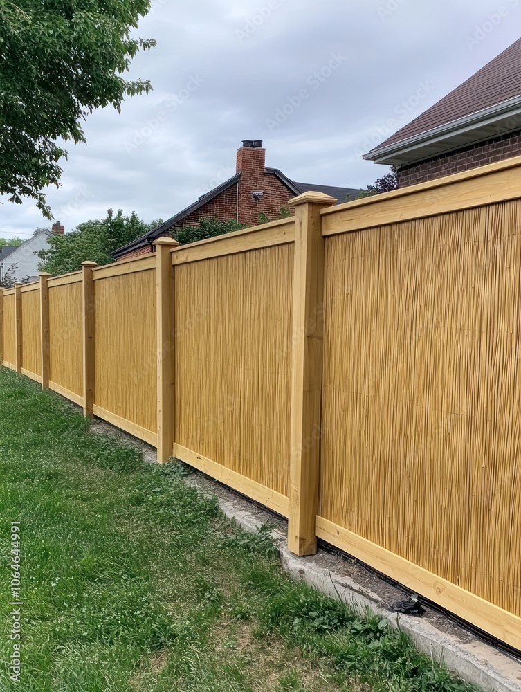 A wooden fence surrounding a grassy area, providing privacy and boundary. A wooden fence surrounding a grassy area, providing privacy and boundary.