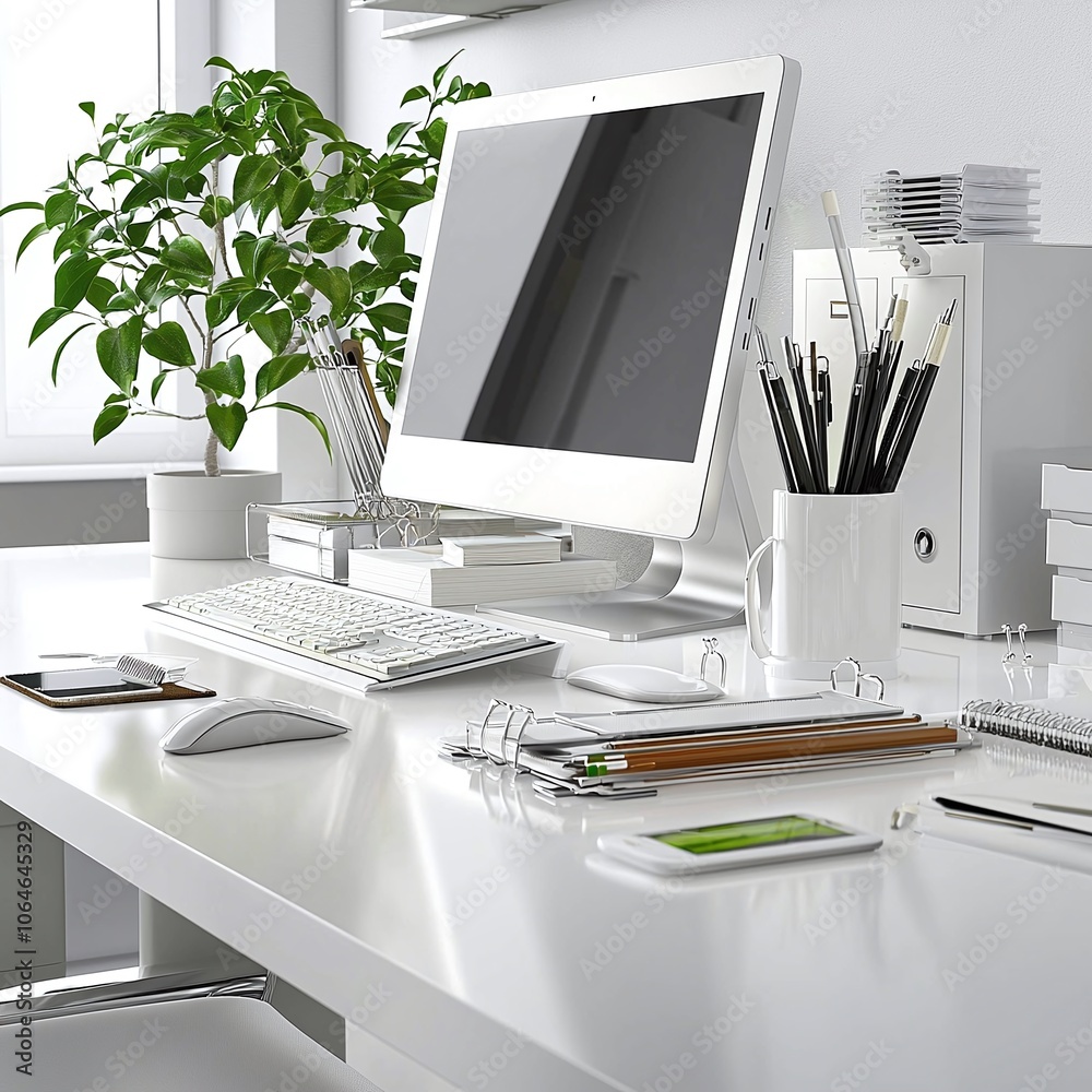 Modern White Office Desk with Computer, Plant, and Accessories. Modern White Office Desk with Computer, Plant, and Accessories.