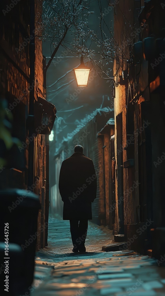 Mysterious Figure Walking in Dark Alley at Night Mysterious Figure Walking in Dark Alley at Night
