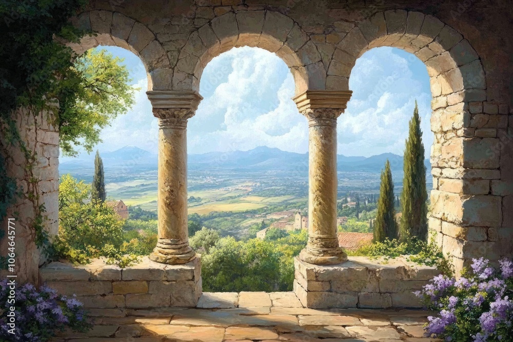 Stone Arches Frame a Picturesque Landscape Painting in Ancient Europe Stone Arches Frame a Picturesque Landscape Painting in Ancient Europe