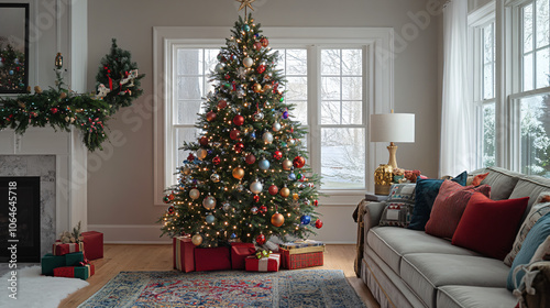 A family gathering around a beautifully decorated Christmas tree with gifts underneath.