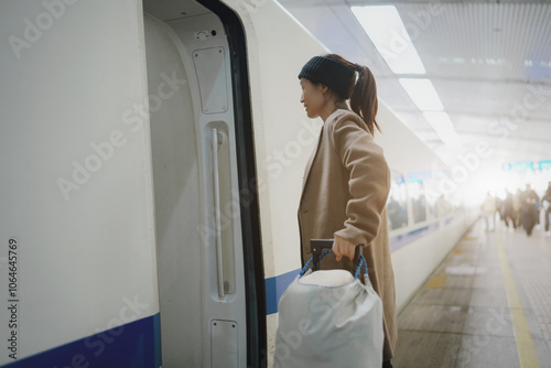 Woman Boardings a Train with Luggage in a Busy Transportation Hub