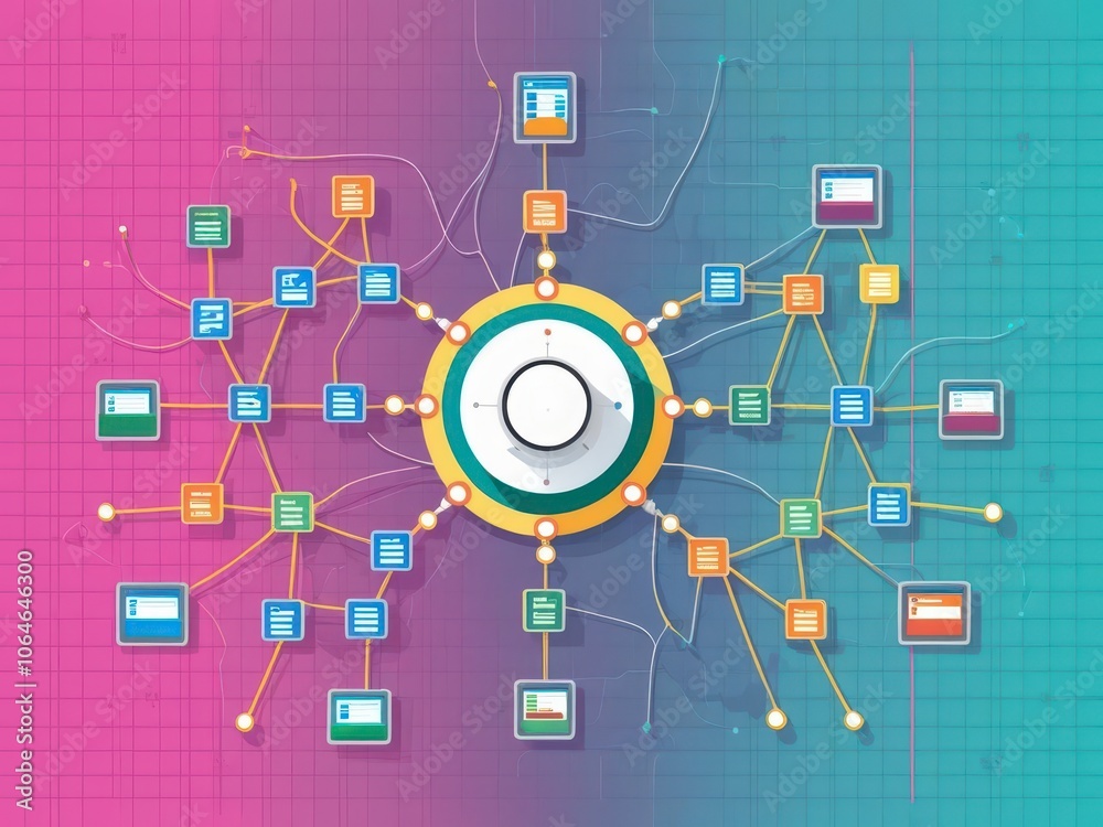 Explore the dynamics of search engine networks with digital nodes in a flat design illustration Explore the dynamics of search engine networks with digital nodes in a flat design illustration