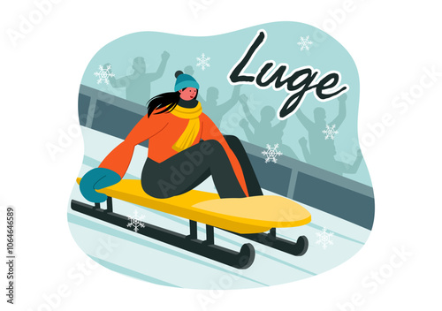 Luge Sled Race Athlete Winter Sport Vector Illustration featuring an Athlete Riding a Sled on Ice in a Flat Style Cartoon Background