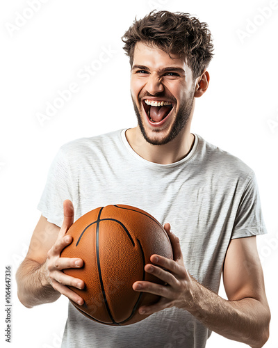 portrait of a basketball player, holding a basketball, isolated white background, realistic, advertisement, sports poster