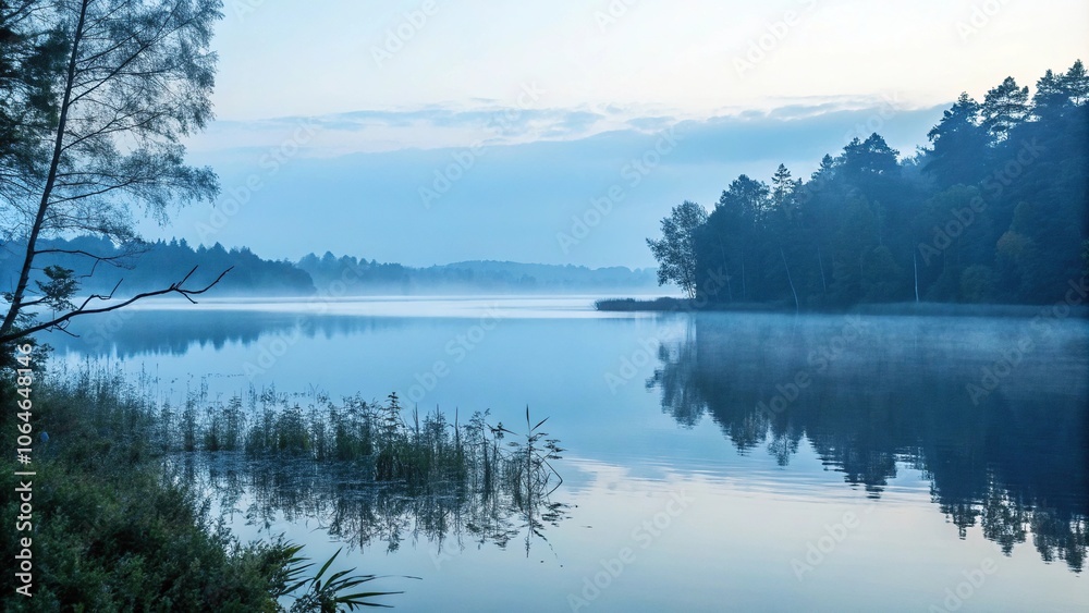 Soft blue misty morning scene with a tranquil lake, landscape photography, serene landscapes, ocean view, soothing ambiance Soft blue misty morning scene with a tranquil lake, landscape photography, serene landscapes, ocean view, soothing ambiance