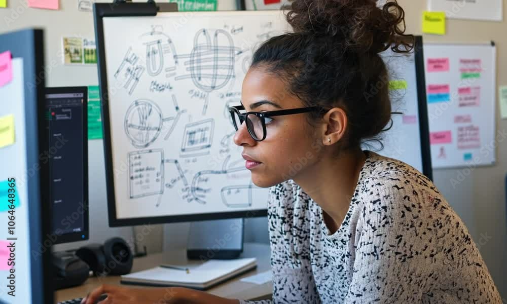 A thoughtful woman with glasses gazes at a whiteboard filled with sketches and notes. A thoughtful woman with glasses gazes at a whiteboard filled with sketches and notes.