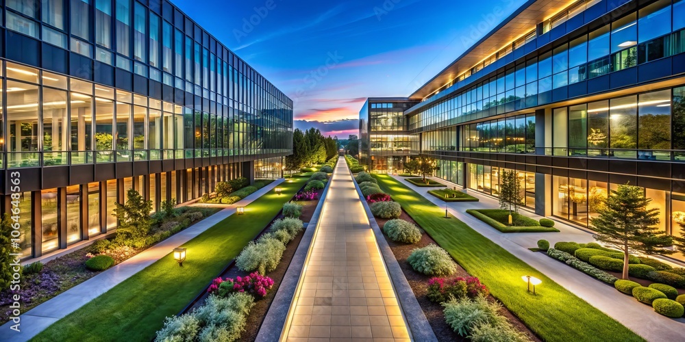 Fototapeta premium Aerial View of a Long Corridor Outside a Modern Office Building Surrounded by Lush Greenery with a Clear Blue Sky Above and Smooth Pathway Leading to the Entrance