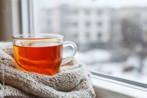 A cup of hot tea near window during winter snowing time. photo