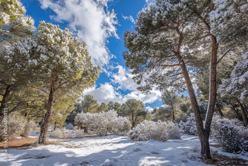 Snowy Winter Wonderland: Beautiful Coniferous Forest with Frost-covered Trees in Neila, Spain - Europe's Chilly Winter Landscape photo