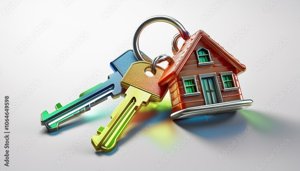 Set of House Keys with Colorful House-Shaped Keychain Isolated on White Background for Homeownership and Real Estate Themes Set of House Keys with Colorful House-Shaped Keychain Isolated on White Background for Homeownership and Real Estate Themes