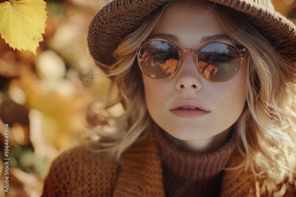 Stylish Autumn Glow. Beautiful Young Woman in Trendy Knitwear and Sunglasses Among Golden Foliage Stylish Autumn Glow. Beautiful Young Woman in Trendy Knitwear and Sunglasses Among Golden Foliage