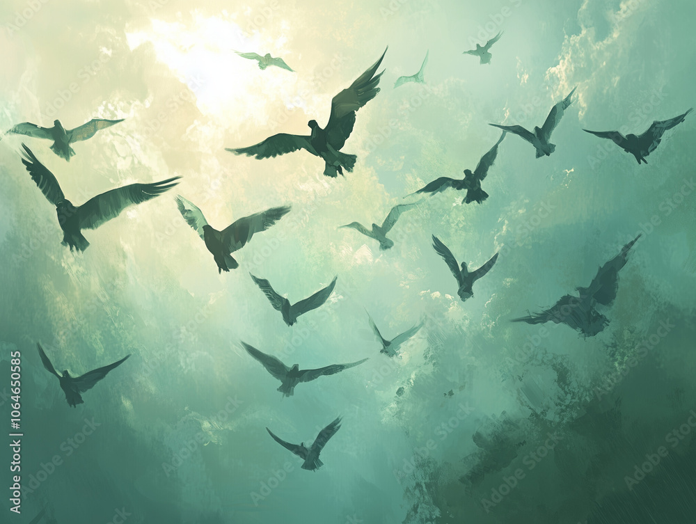 A flock of birds soaring through the sky, with some of the birds appearing to pass through invisible, floating portals, as if traveling between dimensions A flock of birds soaring through the sky, with some of the birds appearing to pass through invisible, floating portals, as if traveling between dimensions