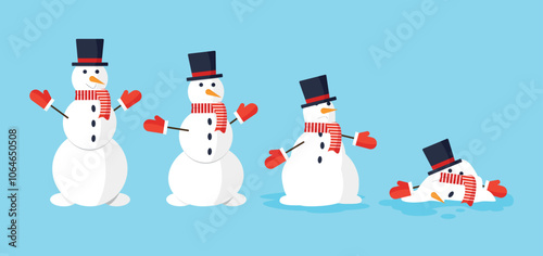 Snowman on blue background gradually melts and disintegrates. Concept of warming and climate change.