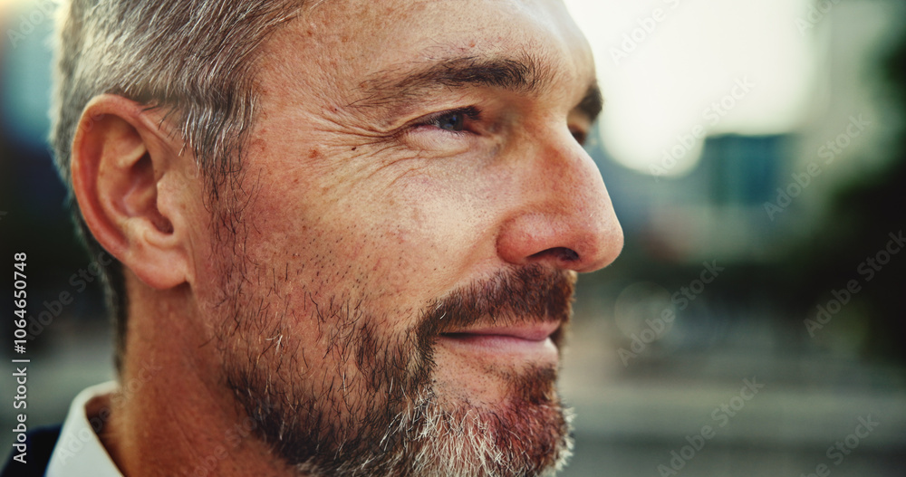 Obraz premium CEO, thinking and businessman in city for vision, insight or profile for inspiration closeup. Face, mature professional and urban planning outdoor for development, future and investment opportunity