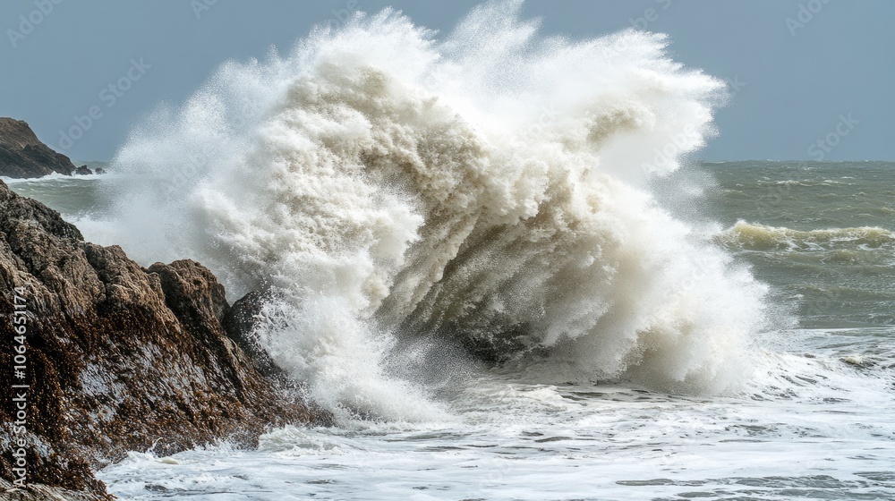 Fototapeta premium Dynamic Sea Wave Splashing with Energetic Sprays in Deep Blue Waters