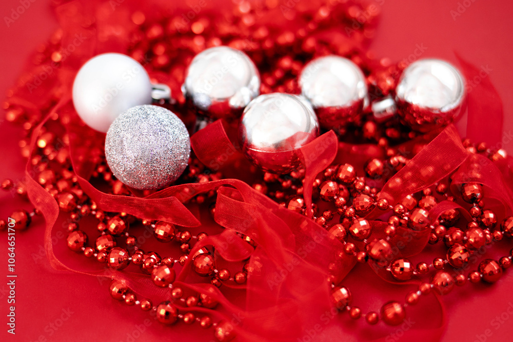 Christmas decorations on a red background. The atmosphere of Christmas and New Year. Christmas background Christmas decorations on a red background. The atmosphere of Christmas and New Year. Christmas background