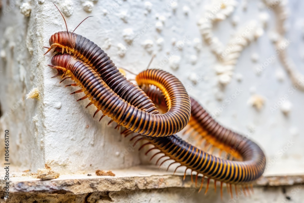 Aerial View of Millipedes on a Dusty White Wall: Close-Up of Arthropods Class Diplopoda with Two Pairs of Legs per Segment in Dirty Corners of an Indoor Environment Aerial View of Millipedes on a Dusty White Wall: Close-Up of Arthropods Class Diplopoda with Two Pairs of Legs per Segment in Dirty Corners of an Indoor Environment